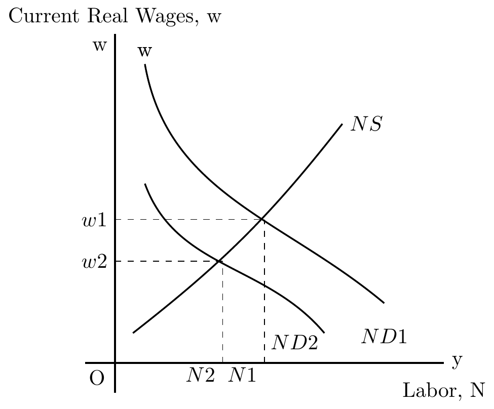 Supply Shock Reducing MPN And Thus Increasing Unemployment from N1 to N2 and Decreasing Real Wages from w1 to w2